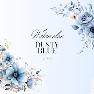 Aquarell Dusty Blue Floral Clipart PNG-Set von 21, Blaue Blumen Bouquet PNG, zarte Hochzeitselemente, blaue Blumengrenzen, kein Hintergrund