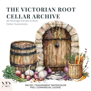 May include: A watercolor illustration titled THE VICTORIAN ROOT CELLAR ARCHIVE featuring a wooden barrel, a stone arched doorway with hanging dried herbs, and a woven basket filled with carrots and greens, surrounded by garlic and red onions.