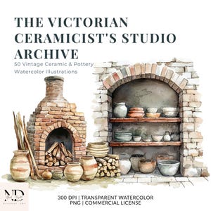 Può includere: Un'illustrazione ad acquerello intitolata THE VICTORIAN CERAMICIST'S STUDIO ARCHIVE 50 Vintage Ceramic & Pottery Watercolor Illustrations. Raffigura un forno in mattoni con legna, un arco in pietra con scaffali di ceramica e vari vasi.