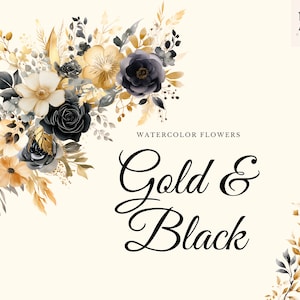 水彩の金と黒の花のクリップアート PNG グラフィック バンドル、花束 PNG、繊細な結婚式の要素、花のボーダー、背景なし