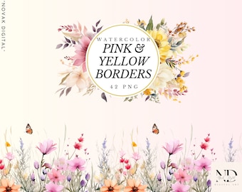 May include: Watercolor floral borders in pink and yellow with butterflies. 42 PNG files. "Watercolor Pink & Yellow Borders" text is in a circle.
