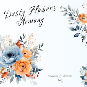 Aquarela empoeirada azul e laranja flores clipart pacote PNG, buquê de flores azuis PNG, elementos delicados de casamento, elementos de buquê floral