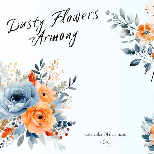 Watercolor Dusty Blue And Orange Flowers Clipart PNG Bundle, Blue Flowers Bouquet PNG, Delicate Wedding Elements, Floral Bouquet Elements