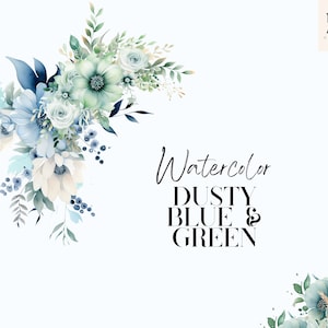 Aquarell staubig grün und blau Blumen Clipart PNG Set von 42, Blumen Bouquet PNG, zarte Hochzeit Elemente, florale Grenzen, kein Hintergrund
