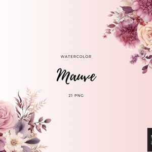 Aquarell Mauve Blumen Clipart – Hochzeitsplaner Design, 21 PNG Art Pack – Frauen Aquarell Blumenkunst zum DIY, Sofortiger Download