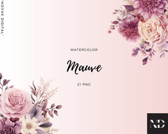 Watercolor Mauve Flowers Clipart – Wedding Planner Design, 21 PNG Art Pack – Women’s Watercolor Floral Art for DIY, Instant Download