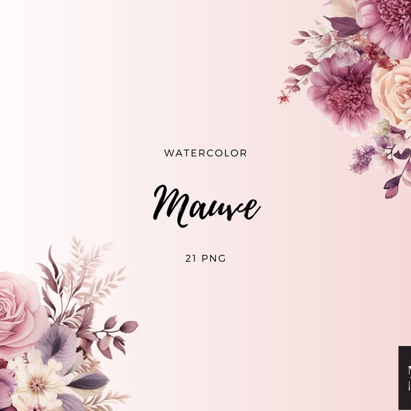 Watercolor Mauve Flowers Clipart – Wedding Planner Design, 21 PNG Art Pack – Women’s Watercolor Floral Art for DIY, Instant Download