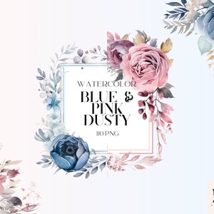 Aquarell Staubig Blau Und Rosa Blumen Clipart PNG Bundle, Rosa Blumen Bouquet PNG, Zarte Hochzeitselemente, Blumenstrauß Elemente
