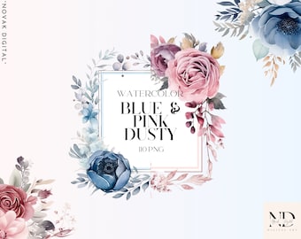 Watercolor Floral Clipart PNG Bundle, Dusty Blue & Pink Flowers (Digital Download)