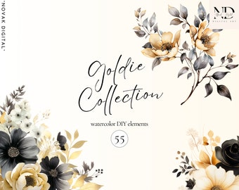 Clipart fleur or et noir aquarelle, éléments floraux de mariage (PNG)