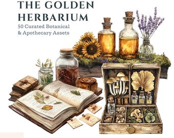 May include: An illustration of "The Golden Herbarium" with botanical and apothecary assets. The image features open books, glass bottles, sunflowers, and a wooden box filled with various items. The text includes "50 Curated Botanical & Apothecary Assets."