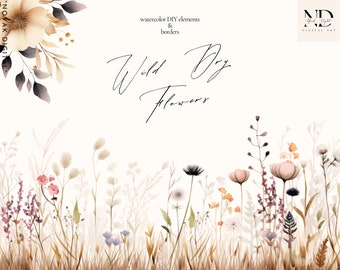 Watercolor Wildflower Clipart – DIY Floral Elements, Borders (Digital Download)