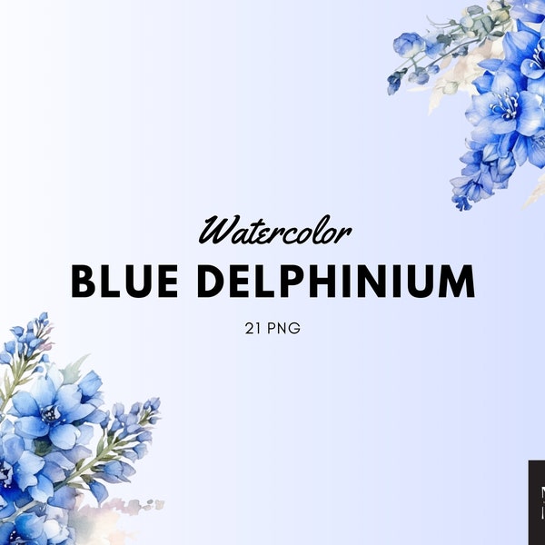 Watercolor Floral Delphinium Clipart PNG Set of 21, Blue Flowers, Flower Wreaths, Invitation Cards PNG, Transparent PNG, Commercial Use