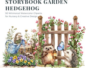 Watercolor Hedgehog Clipart, Woodland Tea Party Graphics, Cottagecore Animal PNG, Nursery Wall Art, Whimsical Garden Illustrations Bundle