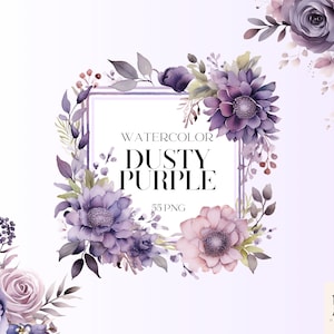 Aquarel stoffige paarse bloemen clipart PNG grafische bundel, delicate bruiloft elementen, bloemen boeket PNG, bloemenranden, geen achtergrond