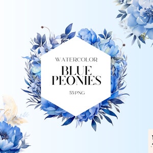 Aquarel bloemen blauwe pioenrozen clipart PNG set van 55, blauwe bloemen, bloemkransen, uitnodigingskaarten PNG, transparante PNG, commercieel gebruik