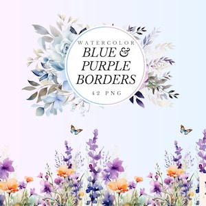 Aquarela Floral Azul e Roxo Bordas Clipart 42 PNG Aquarela Flores Bordas Decoração para convite de casamento DIY Decorações em aquarela