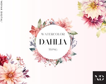 Watercolor Dahlia Clipart Set, Blue Floral PNG (Commercial Use)