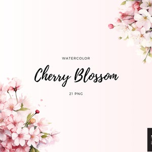 Watercolor Cherry Blossom Clipart PNG Set of 21, Cherry Blossom Flower Bouquet PNG, Digital Illustration, No Background, Wedding Elements