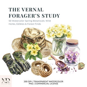 May include: A watercolour illustration titled "The Vernal Forager's Study" showing a straw hat, gardening gloves, jars of flowers, and twine. The image includes text: "50 Watercolor Spring Botanicals: Wild Herbs, Edibles & Forest Finds."