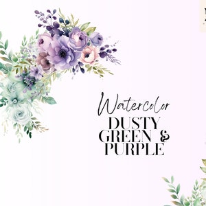 Aquarell lila und grün Blumen Clipart PNG-Set von 42, Blumenstrauß PNG, zarte Hochzeitselemente, Blumengrenze, kein Hintergrund
