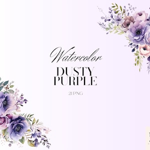 Aquarell lila Blumen Clipart PNG-Set von 21, lila Blumen Bouquet PNG, zarte Hochzeit Elemente, florale Grenzen, kein Hintergrund
