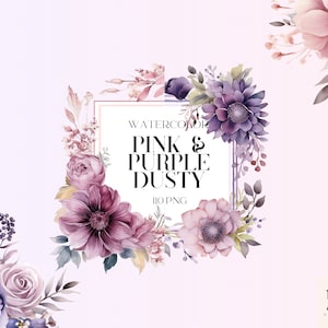 Watercolor Dusty Pink And Purple Floral Clipart PNG Bundle, Purple Flowers Bouquet PNG, Delicate Wedding Elements, Floral Bouquet Elements