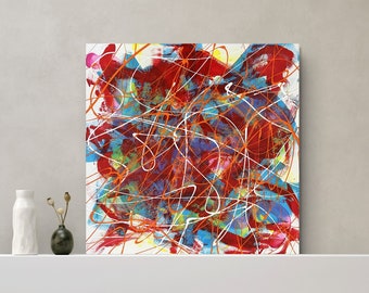 Tableau abstrait joyeux « BLÜTENMEER » | 60x60cm | Printemps Eté | Décoration murale lumineuse | ondes joyeuses et vibrantes | rose, rouge, bleu, jaune, orange