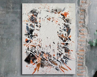 Uniek modern abstract acrylschilderij in wit, zwart, oranje en blauw op canvas | 50x70cm | interieurontwerp | kleurrijk kunstdecor aan de muur