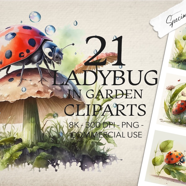 Acuarela LadyBug en Garden Clipart, Spring Garden Summer Love Bug Clip Art PNG Gráficos Descarga instantánea Uso comercial