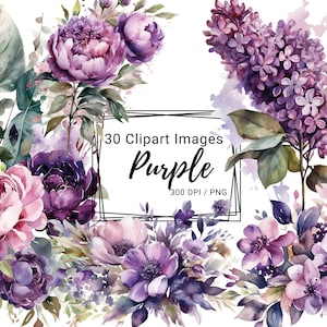 30 Blumen Clipart, Lila Bouquets, PNG, digital, download, Blumen, Aquarell, Blumenstrauss, Hochzeit Einladung, DIY, Scrapbook