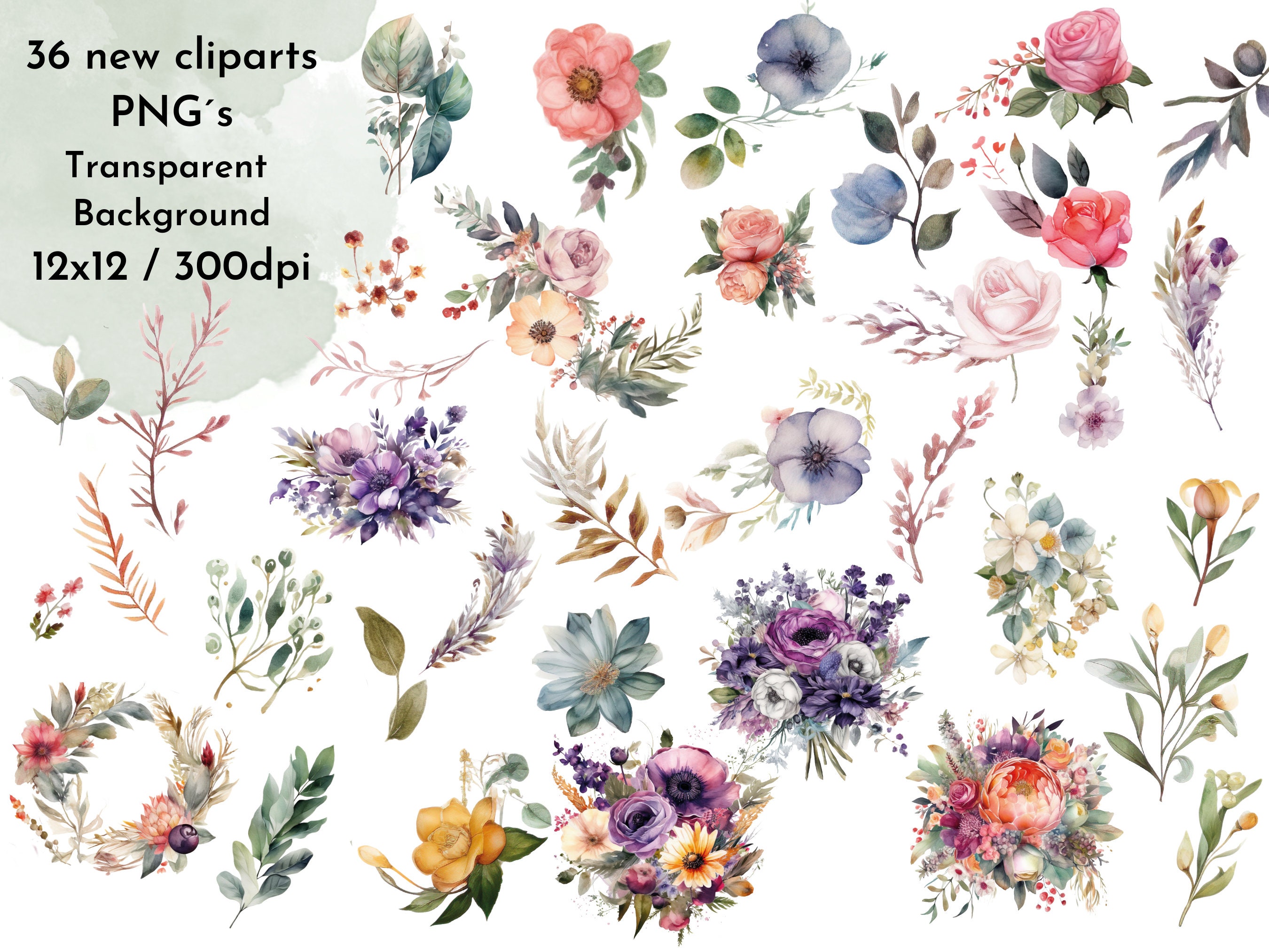 100 Flowers Bundle Clipart, Flowers PNG, Watercolor Floral Clipart