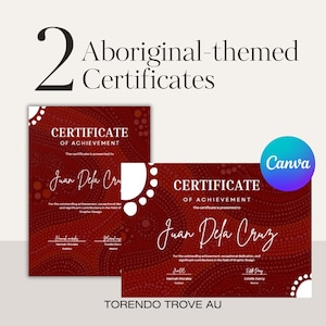 Può includere: Due certificati rossi con un design di ispirazione aborigena che presenta punti bianchi e un motivo ondulato. Il testo "CERTIFICATE OF ACHIEVEMENT" è in cima a ciascun certificato. I certificati sono presentati a "Juan Dela Cruz".