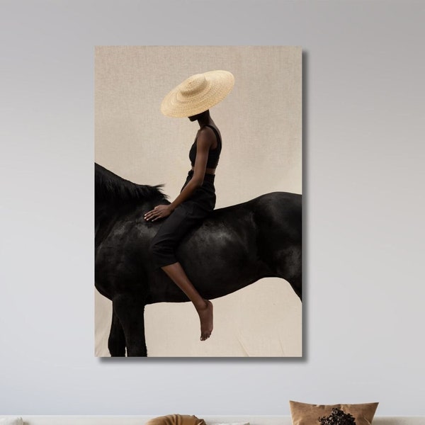 Black Woman Canvas Wall Art, Black Model Poster, Horse Riding Fine Art, Fashion illustration, Minimalist Woman Art, Boho Wand Wall Art