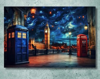 Doctor Who TARDIS Poster  Ready to Hang Canvas Wall Art / Van Gogh Painting Wall Art - Home Decor - TV Series - Whovians Fandom Gift