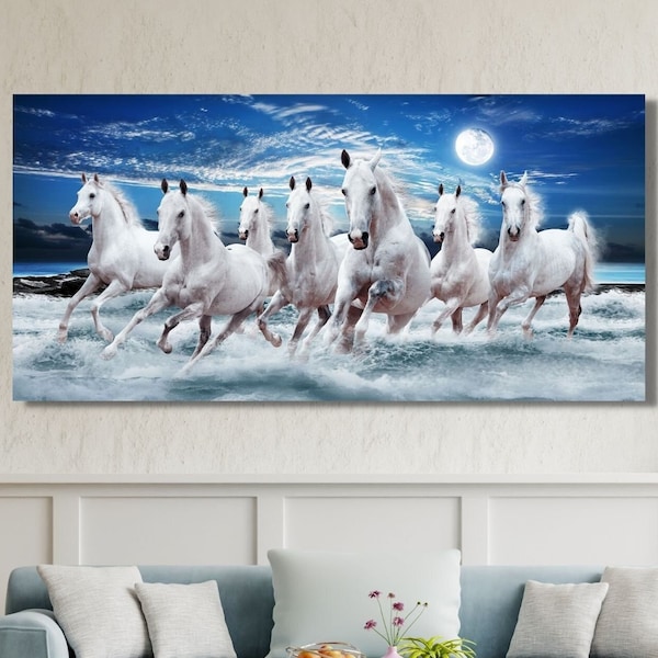 7 Running White Horses Encadré Toile Wall Art, 7 Running Horses Wall Art, Poster, Print - Home Decor- Colorful Wall Art, Prêt à accrocher