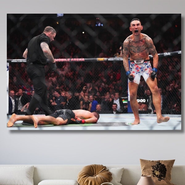 Max Holloway KO de Justin Gaethje, oeuvre d'art murale UFC prête à accrocher, affiche Max Holloway, toile Max Holloway, décoration murale pour salle de sport, art mural fitness