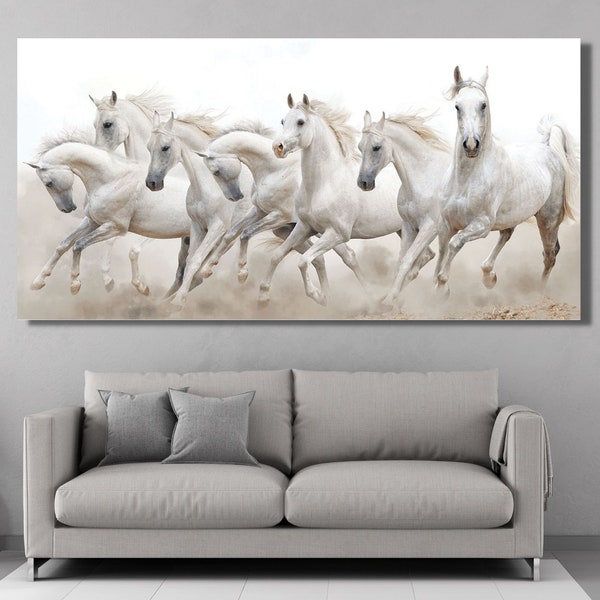 7 Running White Horses Framed Canvas Wall Art, 7 Running Horses Wall Art, Poster, Print - Home Decor- Extra Large Wall Art , Ready to Hang