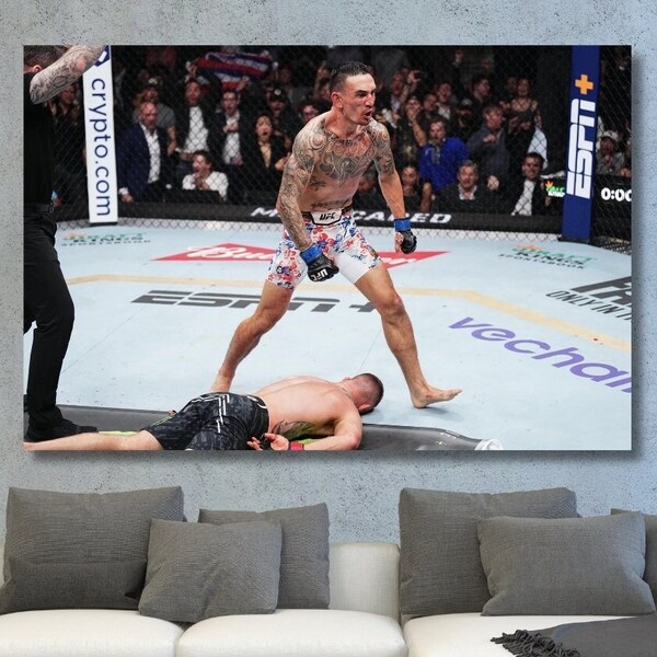 Max Holloway KO de Justin Gaethje UFC Wall Art, cartel de Max Holloway, lienzo de Max Holloway, decoración de la pared del gimnasio, arte de la pared del fitness listo para colgar