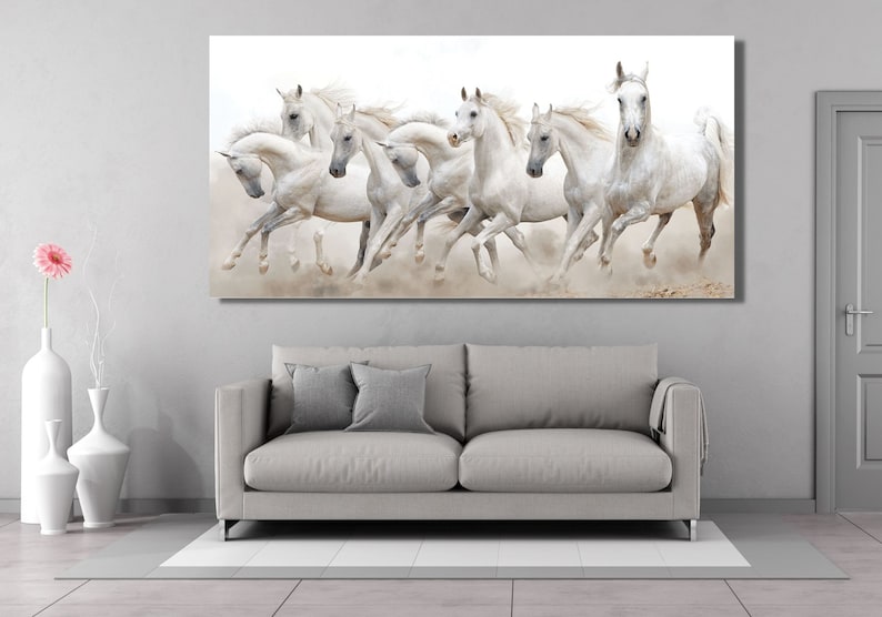 7 Running White Horses Framed Canvas Wall Art, 7 Running Horses Wall
