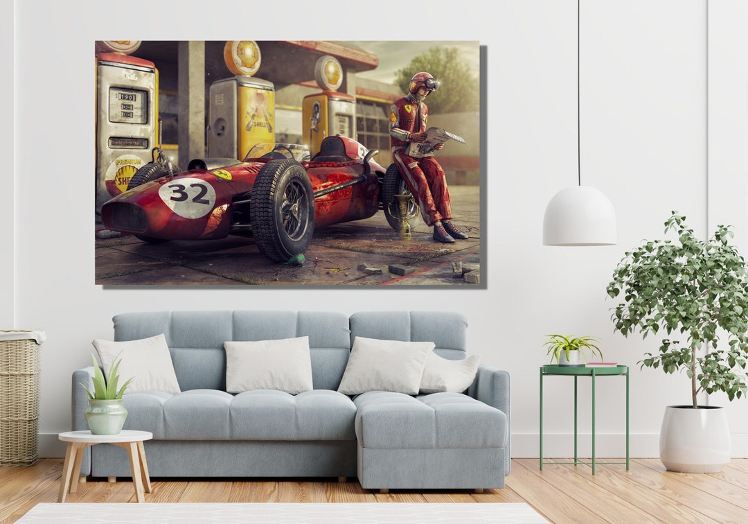 Ferrari Racing Car Canvas, Vintage Ferrari Racing Car Wall Art, Racing