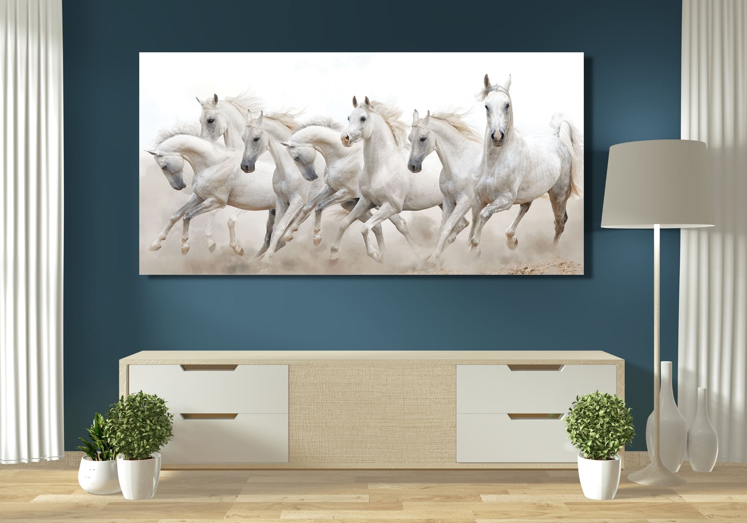 7 Running White Horses Framed Canvas Wall Art, 7 Running Horses Wall