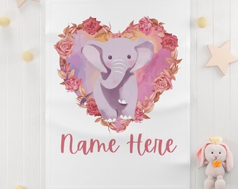 Personalized Elephant Heart Fleece Baby Blanket, Floral Nursery Decor Valentine's Day