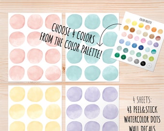 May include: Four sheets of watercolor dot wall decals with 12 dots per sheet. The dots are in four colors: pink, blue, yellow, and purple. Each dot is 1.8 inches in diameter. Choose 4 colors from the color palette.