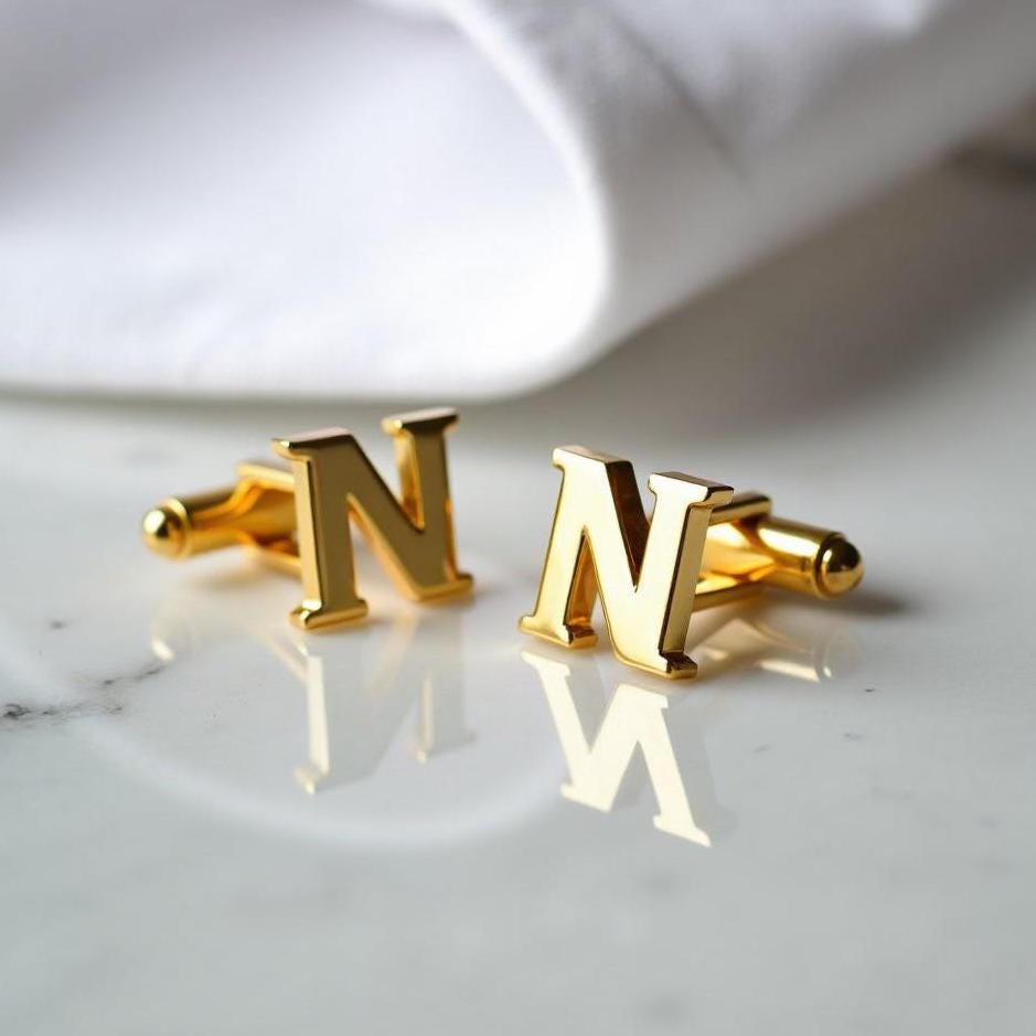 Boutons De Manchette Vintage Lettre N - Métal Doré - Occasion