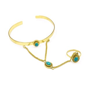 Turquoise Gemstone Hand Cuff With Ring Statement Jewelry Stackable Ring Adjustable Bracelets Women Best Gift For Anniversary Jewelry ONB-53