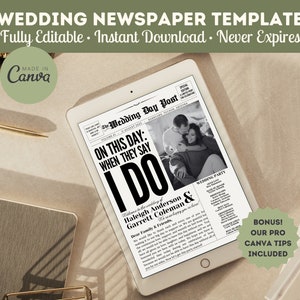 May include: A black and white wedding announcement template in the style of a vintage newspaper. The template features a photo of a couple, the text "On this day: When they say I do", and the names "Haleigh Anderson & Garrett Coleman". The template is fully editable and includes Canva tips.