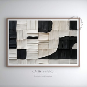 May include: Abstract geometric art print in black and white with a textured, layered design. The print is framed and features the text "eArtisansAlley Printable Art Collection".