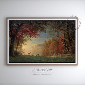 Serene Autumn Forest Landscape | Wildlife Deer Oil Painting | Fall Nature Wall Art Digital Download | BYRN312