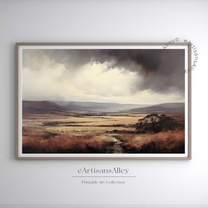 May include: A painting of a landscape with a stream running through a field. The sky is cloudy and the colors are muted. The painting is framed in a light brown frame.